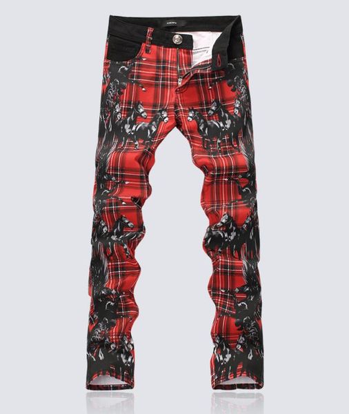 

fashion red plaid men horse print jeans classic painted slim pencil trousers, Blue