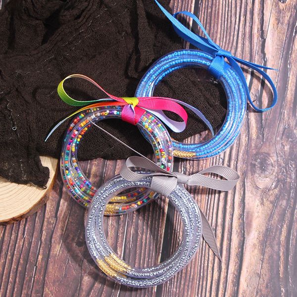 

fashion jelly bracelets glitter bangles for women girls all weather beads filled plastic bowknot bohemian ribbon silicone rainbow jewelry, Black