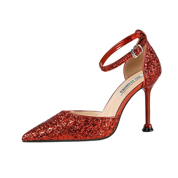 

qsr 9.5cm/6.5cm red pumps pointed sequins high-heeled shoes with nightclub sandals fine with temperament women's shoes, Black