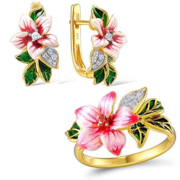 

925 sterling silver earrings ring set for women engagement jewelry new enamel red flower zircon gold ring lady party accessories
