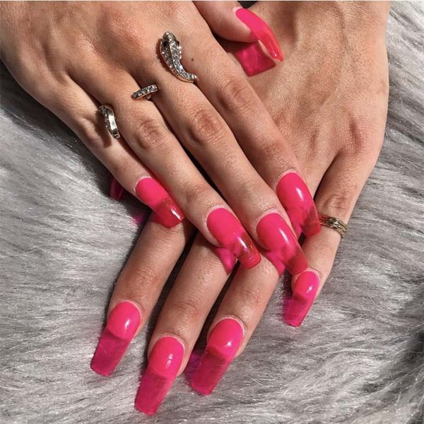 

24pcs/set women wearable jelly color nail-finished stickers ins style manicure tools long square head fake nail patches, Red;gold