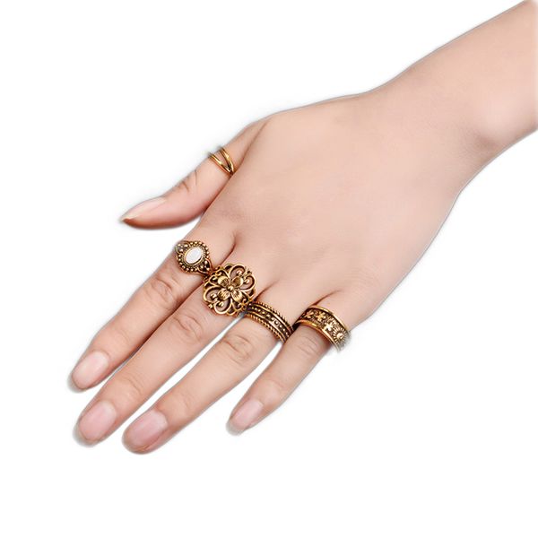 

5 pcs/set vintage hand knuckle opal finger ring set for women leaf flower totem carved rings ethnic boho statement set, Golden;silver