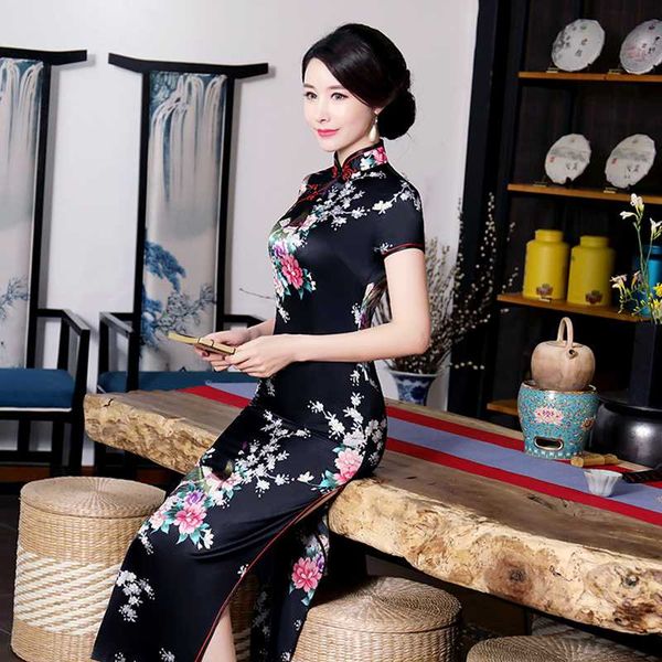

women plus size slim fit split collar short sleeve cheongsam cocktail midi dress, Black;gray
