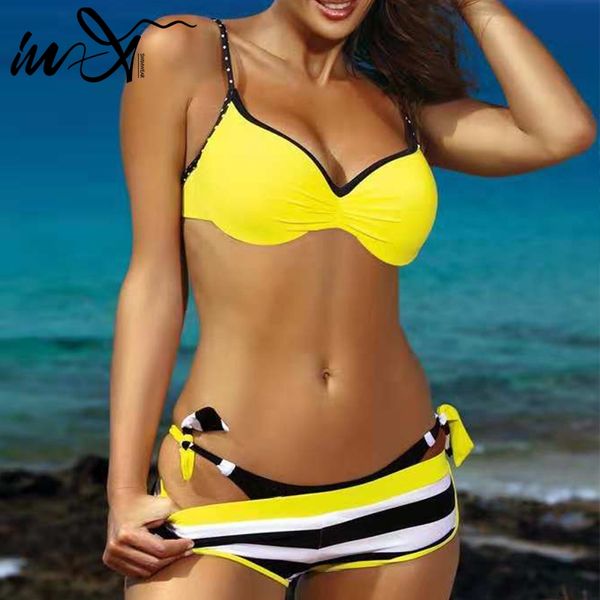 Em-X Plus Size Swimwear Mulheres Banhos Empurre Sexy Bikini 2020 Amarelo Swimsuit Feminino Biquiini Striped Bathing Traid Wear XL