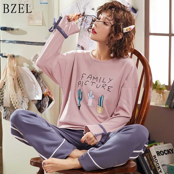 

bzel cotton pajamas for women cartoon cactus pajamas sets long sleeve o-neck pants winter leisure home cloth pijama feminino, Blue;gray