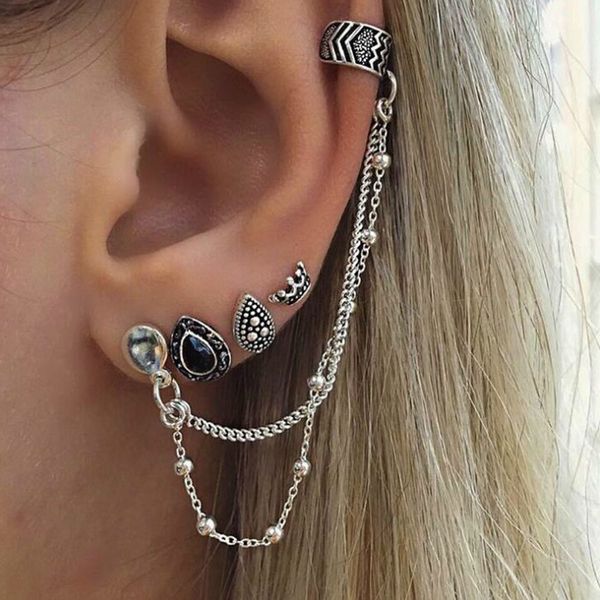 

vintage set earrings bohemian retro style four-piece crown water droplets chain fashion earrings for women oorbellen, Silver