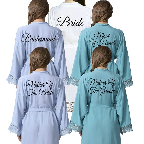 

2019 new bridesmaid cotton kimono robes with lace trim women wedding bridal robe short belt bathrobe yx001, Black;red