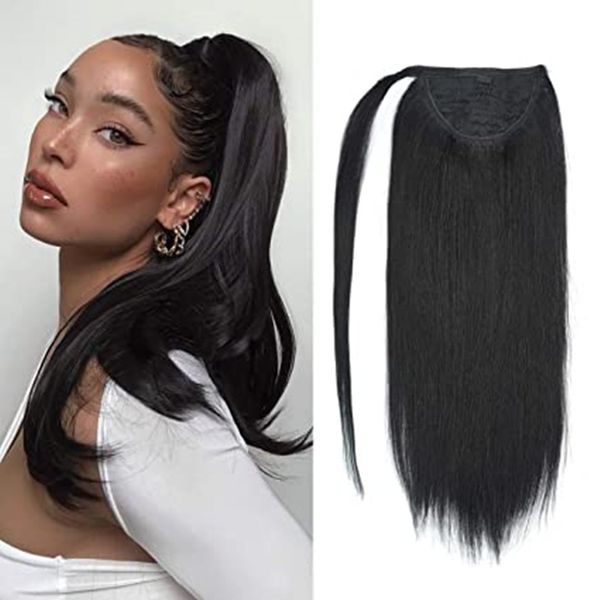 

#1 jet black ponytail extension clip 100% remy human hair wrap around ponytail long straight ponytail hairpiece