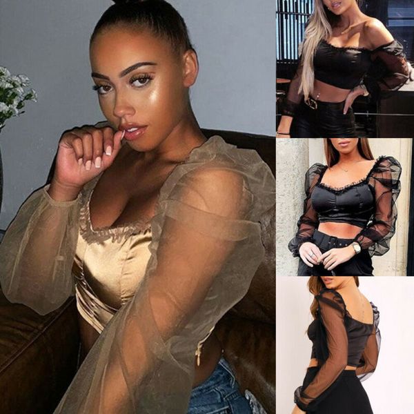 

women see-through sheer mesh blouse puff long sleeve t-shirt shirts, White