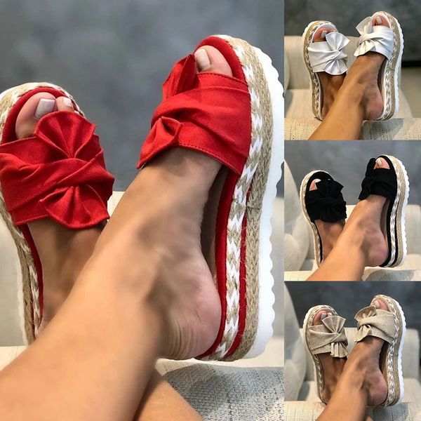 

lady shoes rope slippers platform sandals bow wedge heels women slippers outdoor beach shoes summer indoor, Black