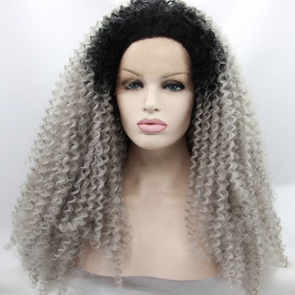 

ombre afro kinky curly gray synthetic lace front wig glueless two tone natural blacksilver grey heat resistant hair women wigs3149422, Black