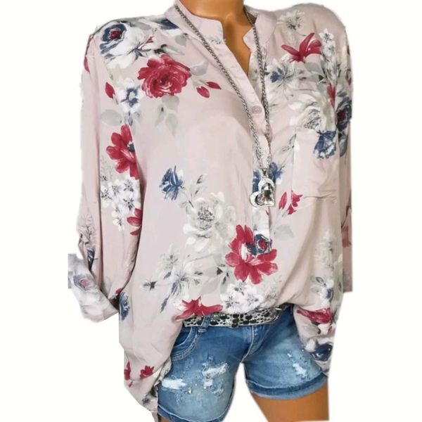 

women blouses 2019 floral print long sleeve turn down collar blouse ladies shirts flower tunic plus size shirts femme, White