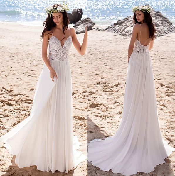 

2020 beach boho wedding dresses backless spaghetti straps chiffon lace floor length summer wedding bridal gowns robes de mariÃ©e, White