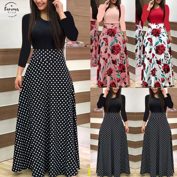 

plus size 2020 fashion women dress long sleeve printed patchwork elegant vintage maxi dress ladies summer casual vestido floral, Black;gray