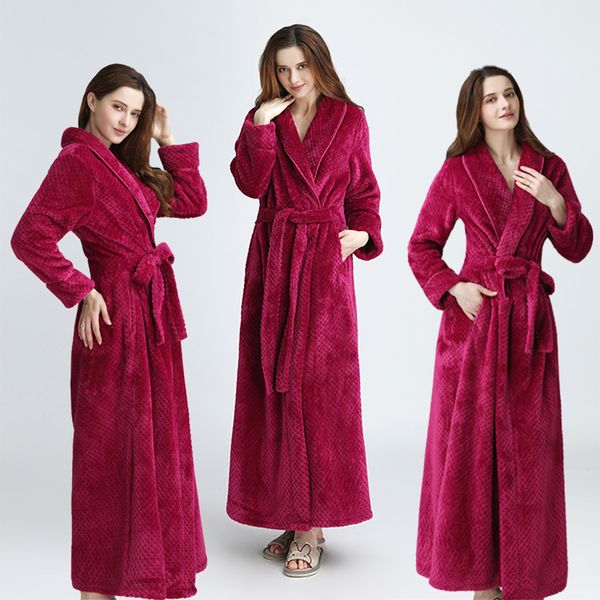 

women men extra long warm dobby coral fleece bathrobe winter thick flannel thermal bath robe kimono dressing gown bride peignoir, Black;red