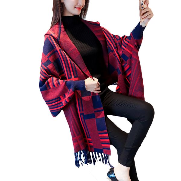 

2018 new spring autum bat sleeve knit cardigan cloak fringe cape shawl sweater coat korean loose women hooded jackets a316, White