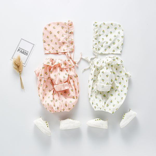 

2020 spring infant childrens clothing baby girl small flower hooded romper long-sleeved romper jumpsuit outfits, Blue