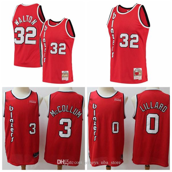 

men portland trail blazers 32 bill walton 3 mccclum 0 lillard mitchell & ness red 1976-77 swingman player jersey, Black;red