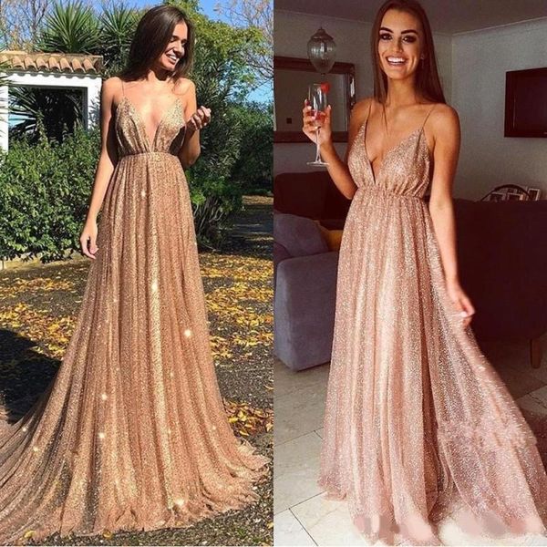 encarando 2020 Glitz ouro lantejoulas Prom vestidos sem costas vestido de noite longo Spaghetti Backless Vintage formal do partido de celebridades vestidos de desgaste