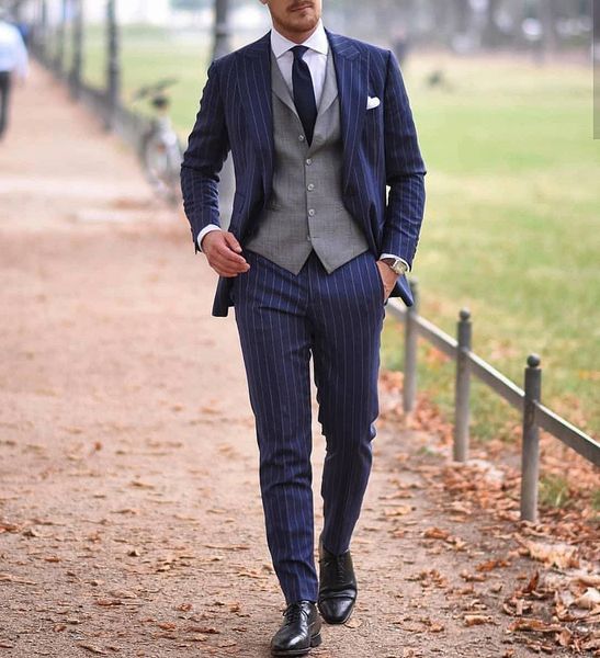 

double breasted chalk strips wedding tuxedos royal blue peak lapel groomman tuxedos formal business suits(jacket+trousers+vest, Black;gray