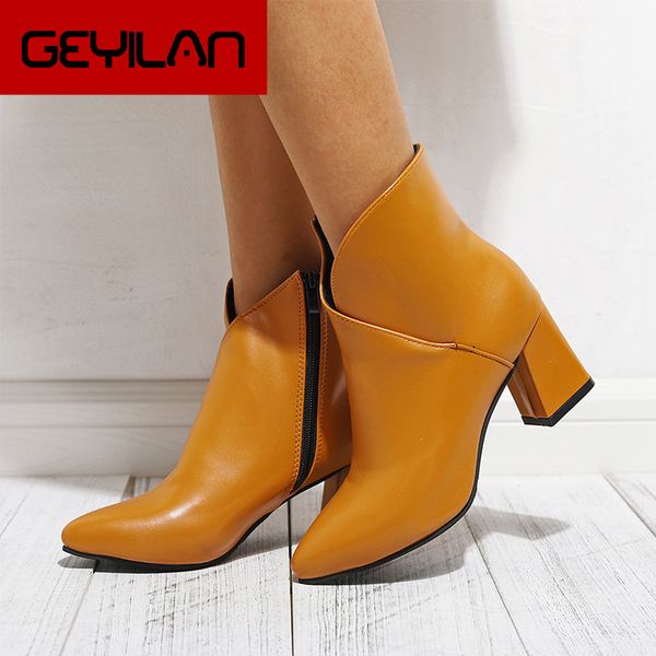

autumn shoes women ankle boots zipper pointed toe leather ladies botas chunky high heels female shoes classic 2019 new, Black