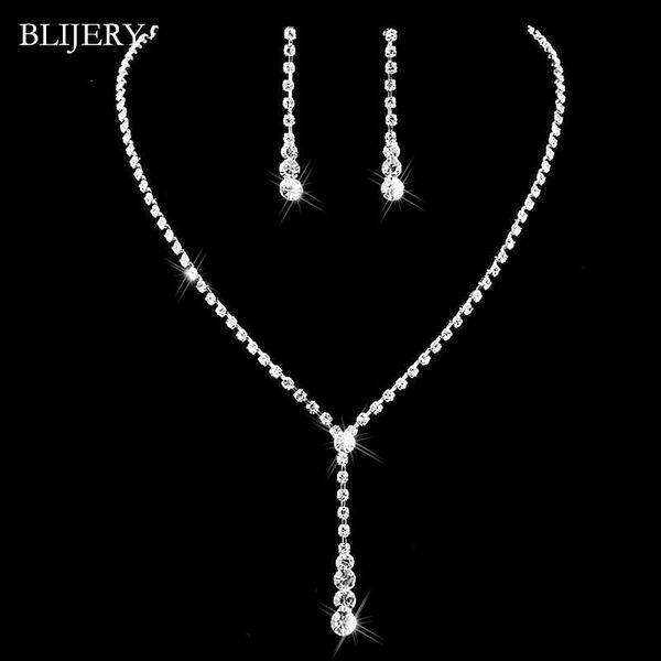 

blijery silver plated crystal bridesmaid bridal jewelry sets long drop necklace earrings set for women wedding jewelry sets, Slivery;golden