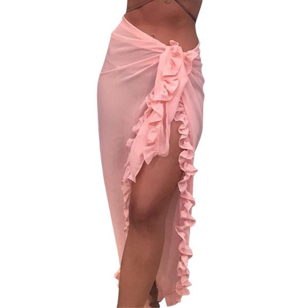

2020 women beach skirt ruffles sarong bikini cover up chiffon wrap mesh dresses pure color summer beach dress bathing suit