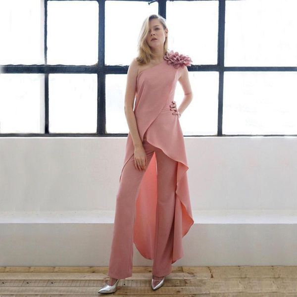 

pink chiffon mother of the bride dresses one shoulder mother's pants suits formal wedding guest gowns, Black;red