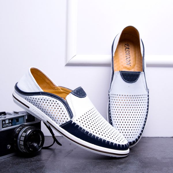 

slip on men loafer shoes summer mens genuine leather shoes breathable leather 5#20/10d50, Black