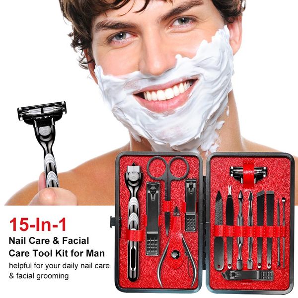 

15 in 1 pedicure & manicure set nail clippers file trimmer beard shaving tools travel & grooming kit nail art tool with pu bag