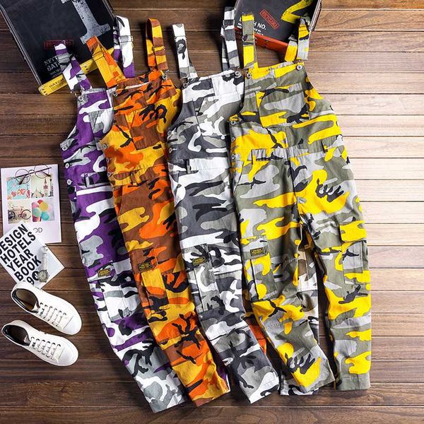 

men camouflage cargo jumpsuits male baggy camo overalls hiphop suspender harem pants streetwear loose stap trousers d81202, Black
