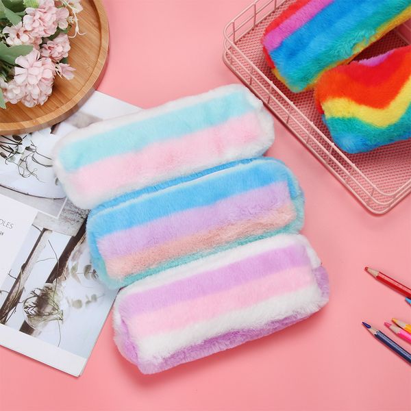 

2 types mermaid tail pencil case glitter rainbow plush pencil case storage bag zipper pen box stationery office supplies
