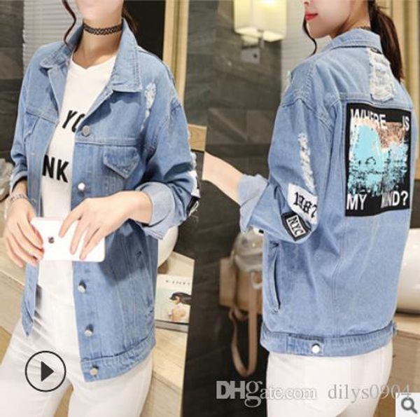 

explosive money women's denim outerwear slender tide beggars hole alphabet sticker single breasted wathet lapel cotton printing gir, Black;brown
