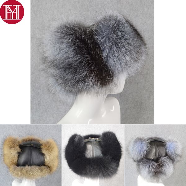 

2019 men luxury winter russian real fox fur hat warm soft quality 100% real raccoon fur bombers cap real sheepskin leather hat, Blue;gray