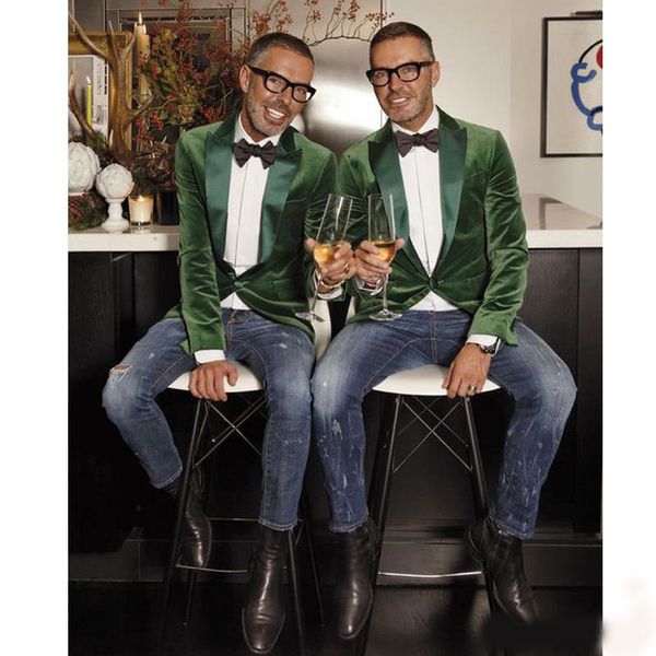 

fashion green velvet jacket men suit slim fit blazer peaked lapel suit separates one button groom wear custom made wedding tuxeds, Black;gray