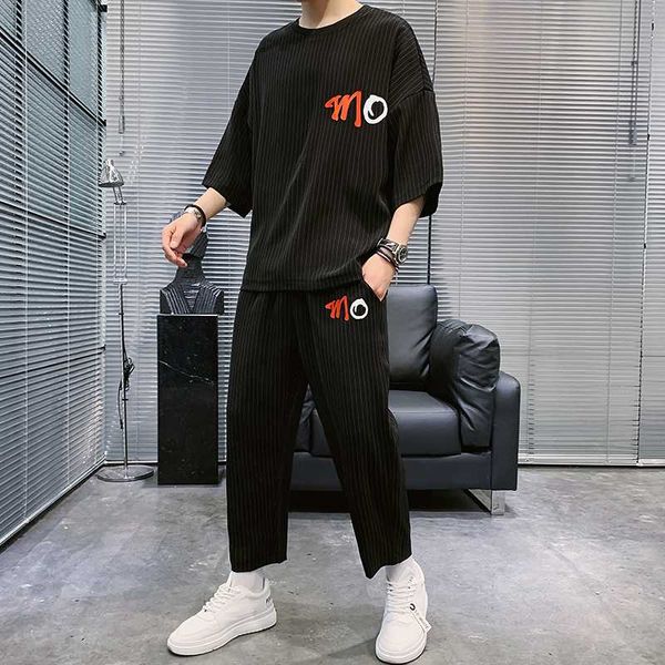 

t-shirt men's casual sports suit trend tide card half sleeve handsome collocation, Gray