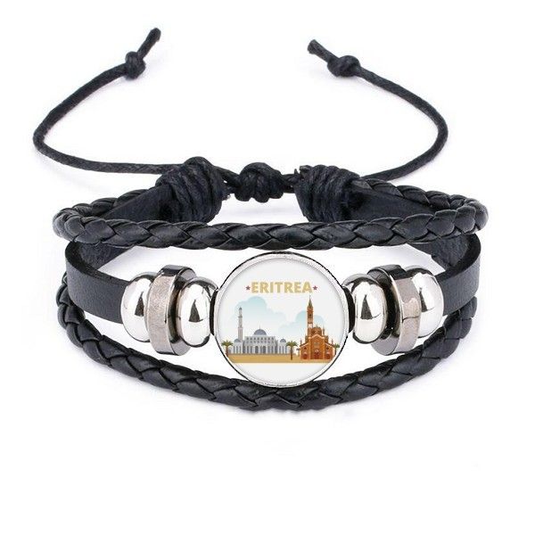 

city castle building eritrea bracelet braided leather rope bead wristband, Golden;silver