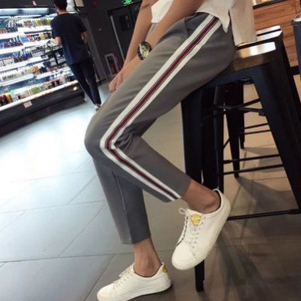 

womens casual harem pants side striped ankle length loose trousers sweatpants, Black;white