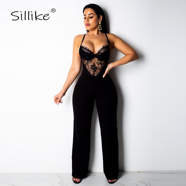 

sillike guipure sheer lace backless jumpsuit women rompers v neck sleeveless high waist wide legs elegant work jumpsuits, Black;white