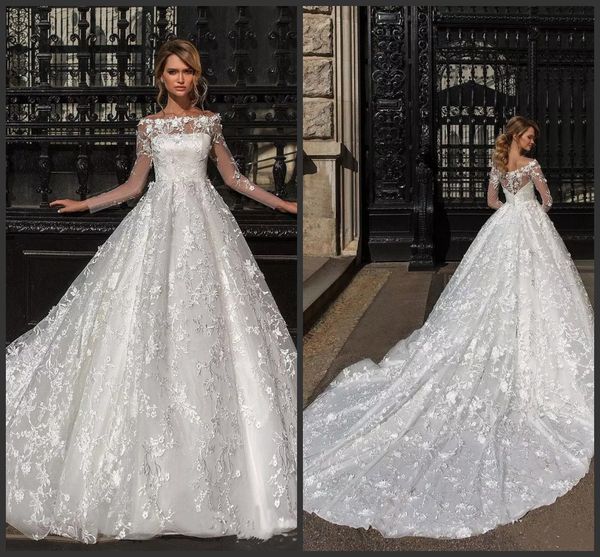

2020 new gorgeous wedding dresses long sleeve off shoulder full lace appliqued bridal gowns sweep train dubai wedding dress custom made, White
