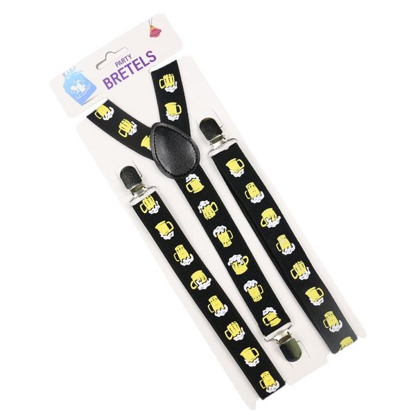 

winfox fashion black yellow beer cup print clip-on suspenders for women men elastic y-shape back braces, Black;white