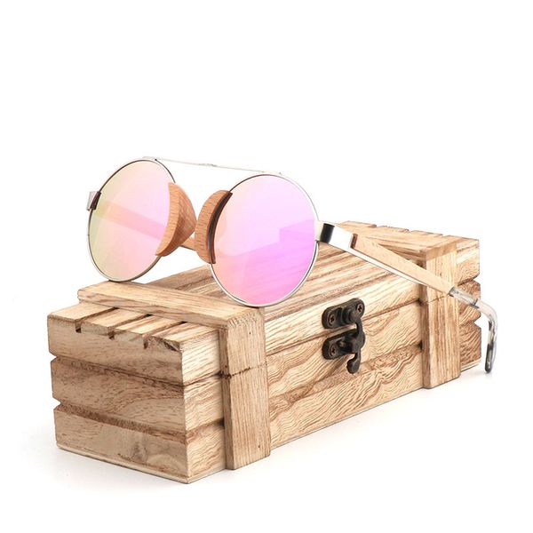 Luxy-lady polarizada óculos de sol madeira rodada dirigir óculos de sol UV400 rosa lente azul com óculos de bambu caixa gafas de sol