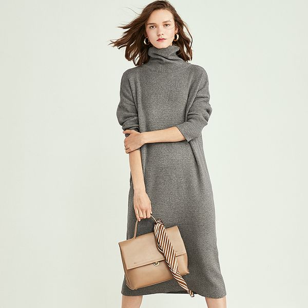 

new casual high collar long cashmere knit sweater dress female slim pullover women's warm autumn winter dress, White;black