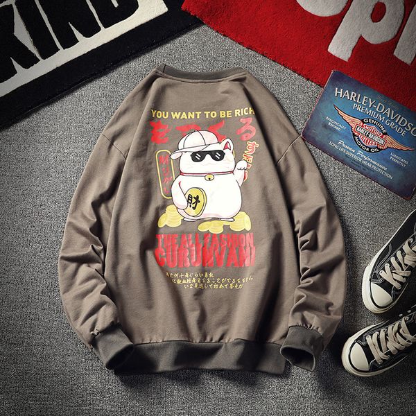 

dropshipping 2019 autumn men japanese cute cartoon cat pattern sweatshirt casual male pullover mens cotton sweatshirt, Black