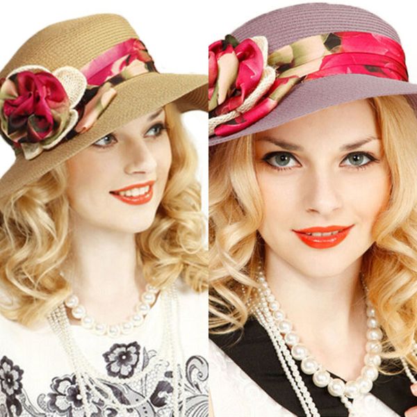 

wholesale summer hat for women beige khaki flower floppy wide brim sun visor straw cap elegant cloche church hats with big heads, Blue;gray
