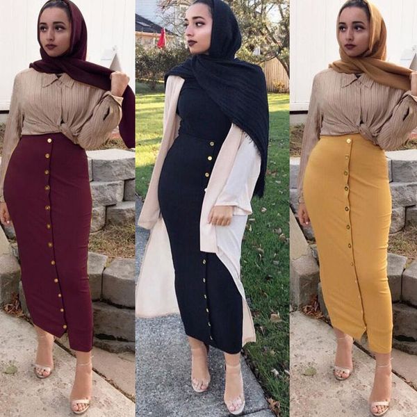 

faldas mujer moda 2019 winter abaya high waist button bodycon pencil maxi long skirt islamic skirts womens jupe longue femme, Black