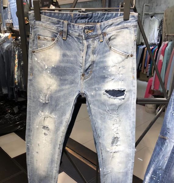 

итальянский бренд мужские дизайнерские джинсы светло-серый синий промытый светлый цвет тонкий стрейч джинсы отверстие отбеленные повседневны, Blue