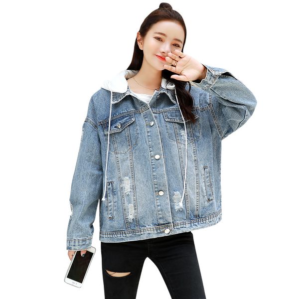 

fashion women short type embroidered hole hooded long sleeve jeans denim retro jackets coats, Black;brown