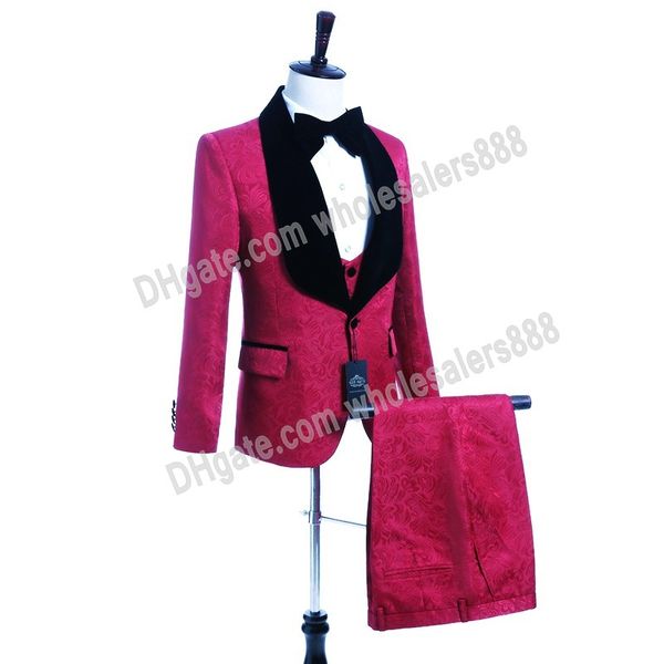 Custom Made Groomsmen Hot Pink Smoking dello sposo Scialle Velluto Risvolto Abiti da uomo Matrimonio Best Man Sposo (Giacca + Pantaloni + Gilet + Cravatta) L253