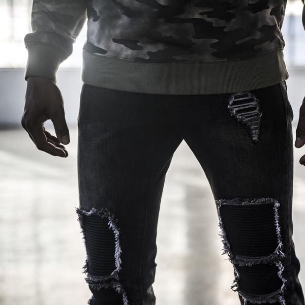 

new men ripped denim jeans biker distressed jeans male destroy skinny hip hop zipper rap men distressed moto punk pants, Blue